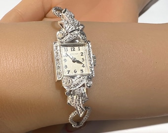 c. 1950 Vintage 14k White Gold and Diamond Mid-Century Hamilton Women's Cocktail Watch. Cleaned and Servied on May 12, 2024. READY TO SHIP