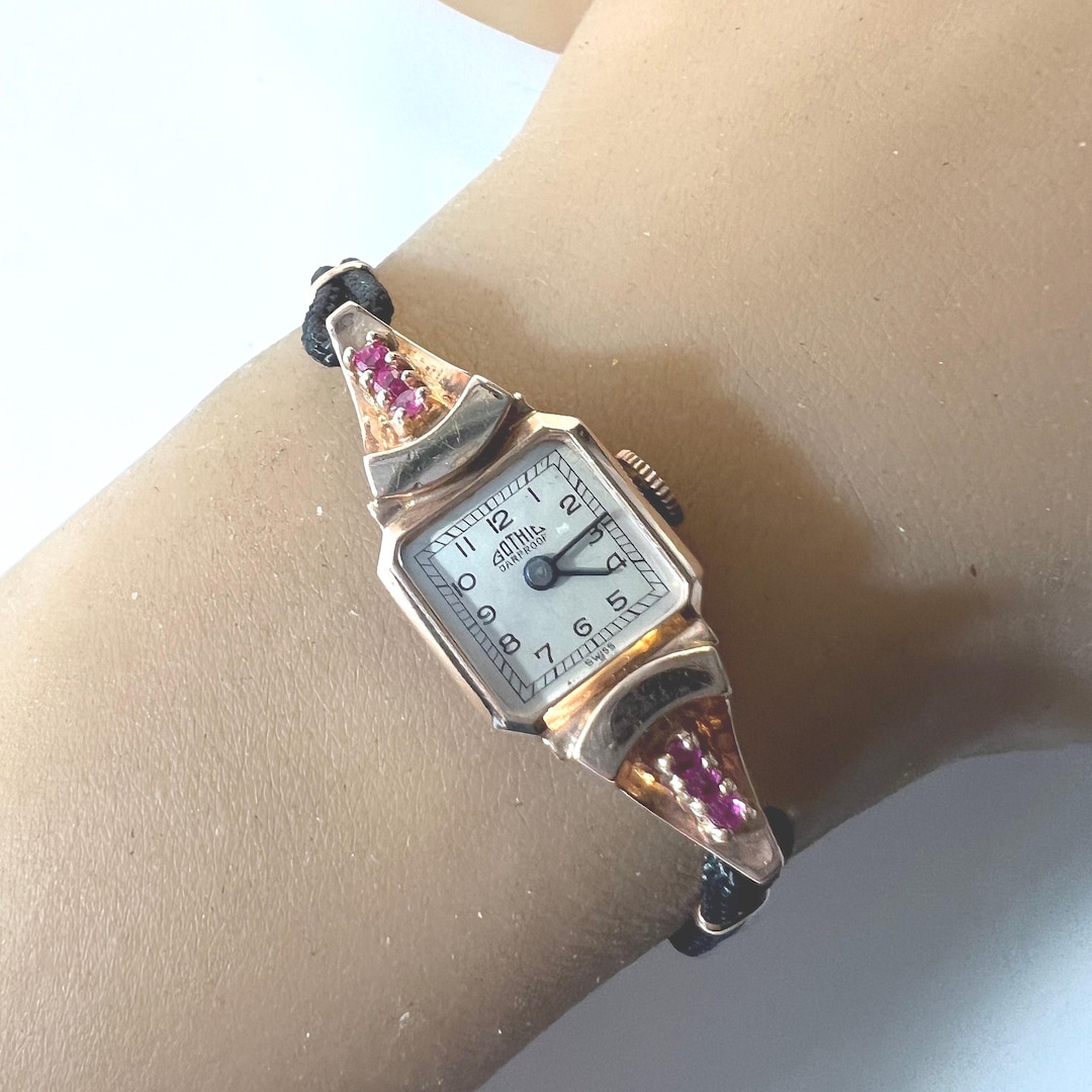C. 1940 Vintage 14k Rose Gold and Ruby Retro Modern Swiss Women's