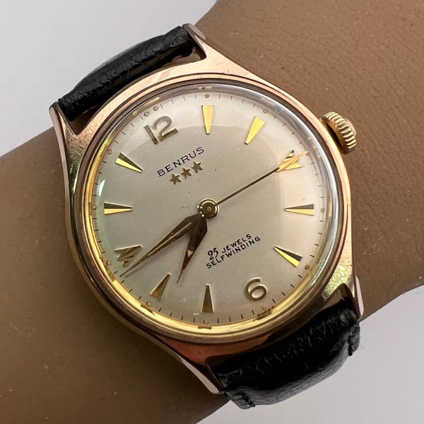 c. 1955 Collectible 10k Gold Filled Mid-Century Benrus 25 Jewel Automatic Dress Watch. Included is a Free 400 Dollar Service & Restoration