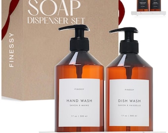 Kitchen Soap Dispenser Set: Marble-Like Tray, 17oz Plastic Bottles