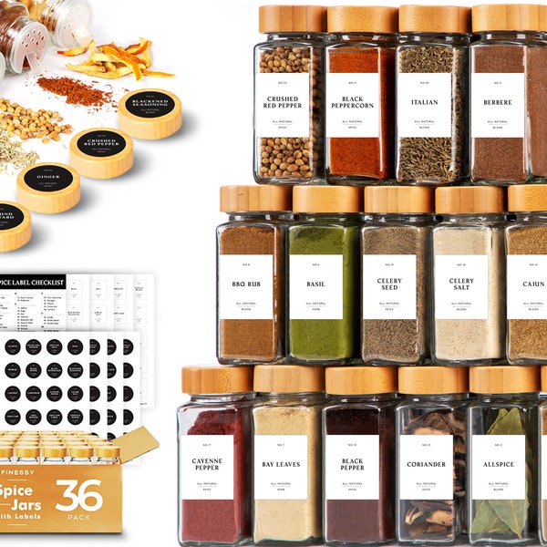 Glass Spice Jars with Bamboo Lids: 36 Pack, Labels Included