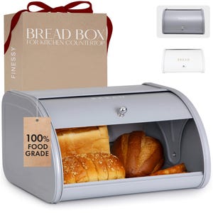 May include: A gray metal bread box with a roll-top lid and a chrome handle. The box is labeled "BREAD" and has a 100% food grade label. The box is filled with various loaves of bread.
