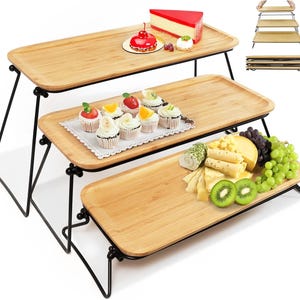 3 Tier Serving Tray for Party Dessert and Appetizer Stand, Wooden Three Tiered Serving Tray Stand & Platter Tower Plate for Food Fruit