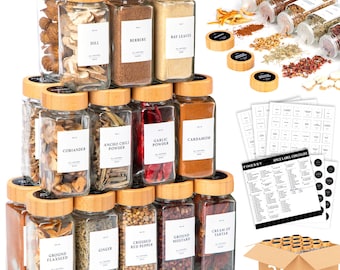 Glass Spice Jars with Bamboo Lids: 24 Pack, 4oz with Labels