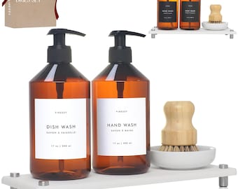Kitchen Soap Dispenser Set with Diatomite Tray & Bamboo Brush