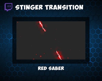 May include: A digital graphic with the text "STINGER TRANSITION" and "RED SABER". The central image features a dark gray background with red streaks and dots, framed by a blue hexagonal pattern.