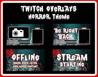 Może przedstawiać: Zestaw nakładek Twitch o tematyce horroru. Nakładki zawierają projekty dla "Be Right Back", "Offline" i "Stream Starting". Każda nakładka ma ciemne tło z efektami kapiącej krwi i słowami w kroplowym kroju pisma. Jest też ikona aparatu.