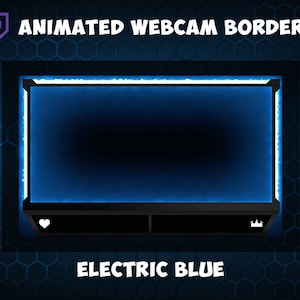以下が含まれることがあります： エレクトリックブルーのアニメーションウェブカメラボーダー。デザインは、青色の光る効果を持つ黒いフレームを含みます。「Animated Webcam Border」と「Electric Blue」のテキストは白で表示されます。