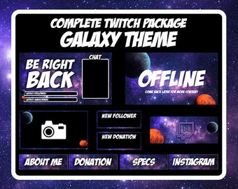 Galaxy Theme Complete Twitch Stream Package- Overlays, Screens, Panels, Alerts, Webcam Border, Profile Banner- Complete and Ready to Upload