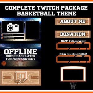 Könnte beinhalten: Ein Twitch-Stream-Overlay-Paket mit Basketball-Thema. Das Paket enthält ein Chat-Fenster, einen Über-mich-Bereich, einen Spenden-Button, eine Benachrichtigung über neue Follower, eine Benachrichtigung über neue Abonnenten, einen Offline-Bildschirm und einen Basketballkorb mit Netz.