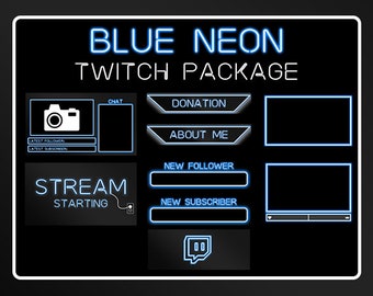 Neon Blue Theme Complete Twitch Streaming Package- Overlays, Alerts, Panels, Webcam Borders, Profile Banners