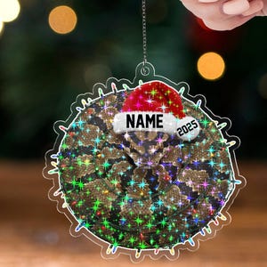 May include: A clear acrylic Christmas ornament featuring a snake design with a Santa hat. The ornament has the text "NAME" and "2025" on it. The ornament is surrounded by a string of lights and the text "ACRYLIC - TWINKLE".