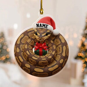 May include: A Christmas ornament featuring a coiled snake wearing a Santa hat with the word "NAME" on it. The snake holds a small green gift box with a red bow. The snake has brown and tan markings.