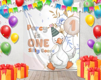 Personalized One Silly Goose Banner – Custom First Birthday Backdrop for Boy or Girl, Cake Smash Party Decor JCLI13