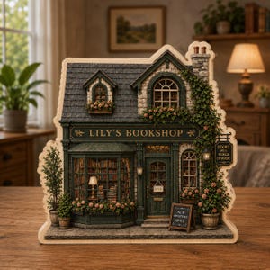 May include: A miniature wooden model of a two-story building labeled Lily's Bookshop. The facade features dark green trim, stone accents, climbing ivy, flower boxes, and a sign that reads Books Are A World Of Magic and New Adventures Await.