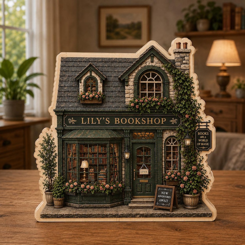 May include: A miniature wooden model of a two-story building labeled Lily's Bookshop. The facade features dark green trim, stone accents, climbing ivy, flower boxes, and a sign that reads Books Are A World Of Magic and New Adventures Await.
