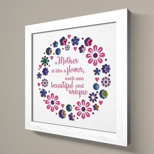 May include: White framed wall art with a pink, blue, and green floral design. The text reads "a Mother is like a flower, each one beautiful and unique".