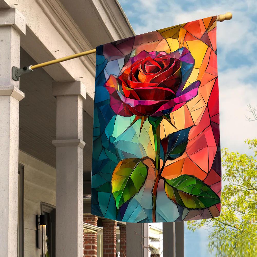 Stained Glass Roses Welcome Garden Flag, Stained Glass Art Flowers