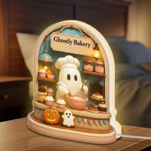 May include: A whimsical night light shaped like a bakery, featuring a ghost chef. The sign reads "Ghostly Bakery." The scene includes cupcakes, a jack-o'-lantern, and a ghost-shaped cookie. The light has a warm glow.