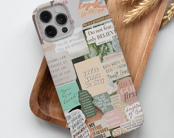 Puede incluir: Una funda de teléfono con un collage de citas y frases inspiradoras, que incluyen "Eres hermosa, capaz, digna", "No temas, solo cree", "Eres amada" y "Mi futuro está en las manos de Dios".