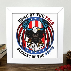 May include: A white framed print with a red, white, and blue American flag design. The design features a bald eagle with its wings spread, and the text "Home of the Free Because of the Brave".