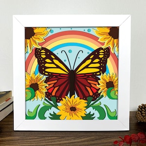 Papillon tournesol Shadow Box 3D Svg, papillon Svg, tournesol 3D boîte Svg, tournesol boîte à lumière Svg, papier cartonné en couches Art, modèle de boîte d’ombre