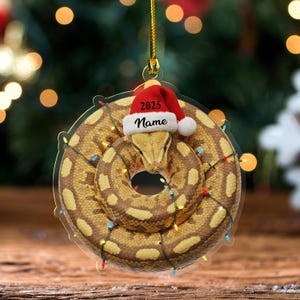 May include: A Christmas ornament featuring a coiled snake with a red Santa hat. The hat has the year "2025" and the word "Name" printed on it. The snake is decorated with a string of colorful lights, perfect for the holiday season.