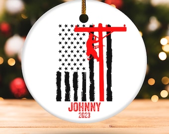Personalized Lineman American Flag Ornament, Electrician Christmas Ornament, Lineman Christmas Ornament, Electric Lineman Ornament SJ3Z31