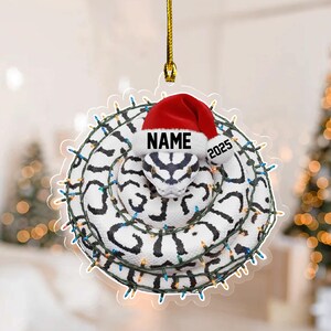 May include: A Christmas ornament featuring a coiled snake with a Santa hat. The snake is white with black markings and is encircled by a string of lights. The hat has the word "NAME" and the year "2025" printed on it.
