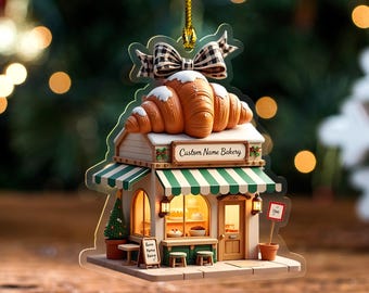 Personalized Bakery Christmas Wooden Ornament, 2D Elegant Patisserie with Croissant Roof,Food Lover Gift, Funny Christmas Tree Gift G5PE22