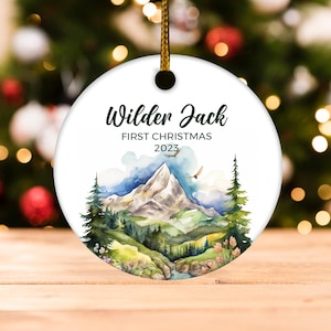 Mountains Baby First Xmas Ornament, Personalized Baby Xmas Ornament, Adventure Awaits Baby Boy Ornament, Holiday Baby Ornament BXLW49
