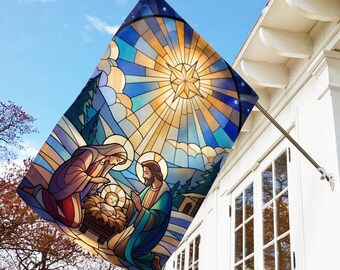 Christmas Stained Glass Garden Flag, Nativity Winter Yard Decor, Religious Holiday Outdoor Banner, Christmas Garden Gift C2HT23-3
