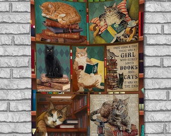 Cat With Book Blanket, Time Spent With Cats And Books Blanket, Gift For Cat's Lover, Animal Lover, Sofa Blanket, Home Decor NEXL38
