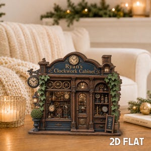May include: A decorative wooden model of a storefront titled Ryan's Clockwork Cabinet, featuring intricate clockwork gears, miniature clocks, a hanging sign, green ivy accents, and a small chalkboard sign that reads Time Is An Art.