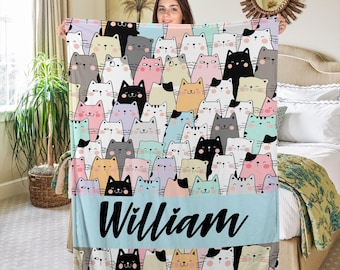 Personalized Cat Blanket, Cats Blankets, Gifts for cat mom, cat dad, cat lover, cat throw blanket, cat gifts for her him woman BXKC29