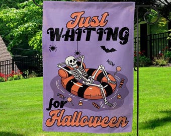 Summerween Garden Flag, Summer Skeleton Waiting For Halloween, Spooky Summer, Retro SummerBeach Vibes Flag, Halloween Skeleton JCPJ02