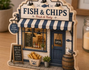 Personalized Fish & Chips Shop Wooden Block, Custom Seafood Restaurant Desk Decor, Fish Fry Stand Sign, Coastal Kitchen Gift Decor NRD-HSH20