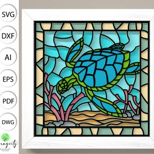 Boîte 3D en vitrail tortue de mer, boîte ombre tortue tortue de mer SVG, papier découpé en couches, animaux 3D, art du papier cartonné en couches