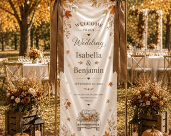 Letrero de bienvenida para boda de otoño, pancarta de boda de otoño, póster de bienvenida de boda personalizado, letrero rústico para la entrada de la ceremonia, decoración de boda NRD-NTH12