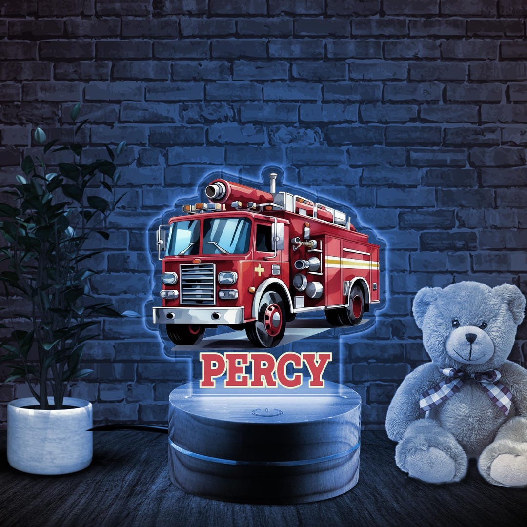 Personalized Fire Engine Truck Firefighter Night Light up LED Lamp