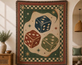 Lucky Dice Woven Blanket, Vintage Game Throw Blanket, Retro Dice Wall Tapestry, Casino Style Home Decor BRD-XG116