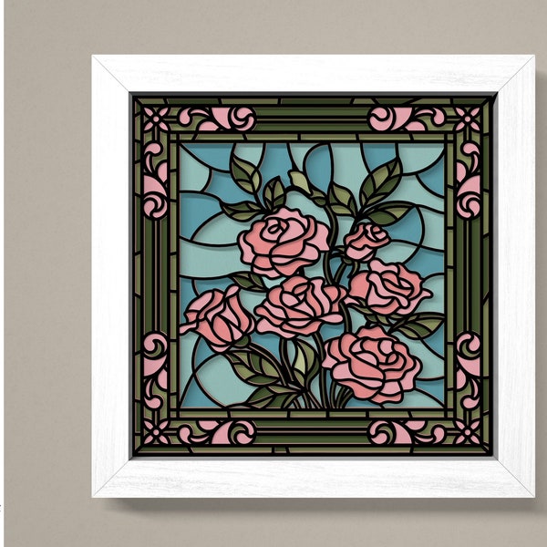 Stained Glass Rose flowers Shadow Box 3D Svg ,Rose 3D Box Svg ,Rose Light Box Svg ,Rose Flowers 3D Svg,Layered Cardstock Art