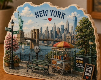 New York Wooden Block Decor, NYC Travel Souvenir Desk Decor, Brooklyn Bridge Statue of Liberty Wood Sign, New York Gift, USA Shelf NRD-NTH22