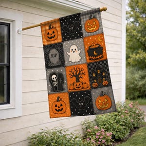 May include: A rectangular garden flag featuring a patchwork design of Halloween icons including jack-o'-lanterns, a ghost, a tombstone with the text RIP, a skeleton in a coffin, a black cauldron, a haunted house, bats, and a bare tree on orange, gray, and black backgrounds.