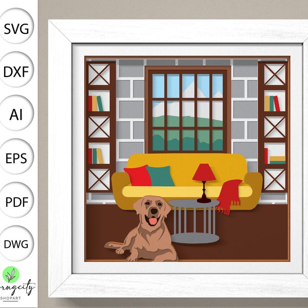 3D Boho Dog Living Room Shadow Box Svg, Mid Century Modern Shadow Box svg, Retro Shadow Box Svg, Cricut Projects ,Layered Cardstock Art