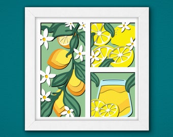 Lente citroenen Shadow Box 3D Svg, lente citroenen Svg, citroenen 3D lichtbak Svg, lente citroenen 3D Svg, gelaagde Cardstock kunst