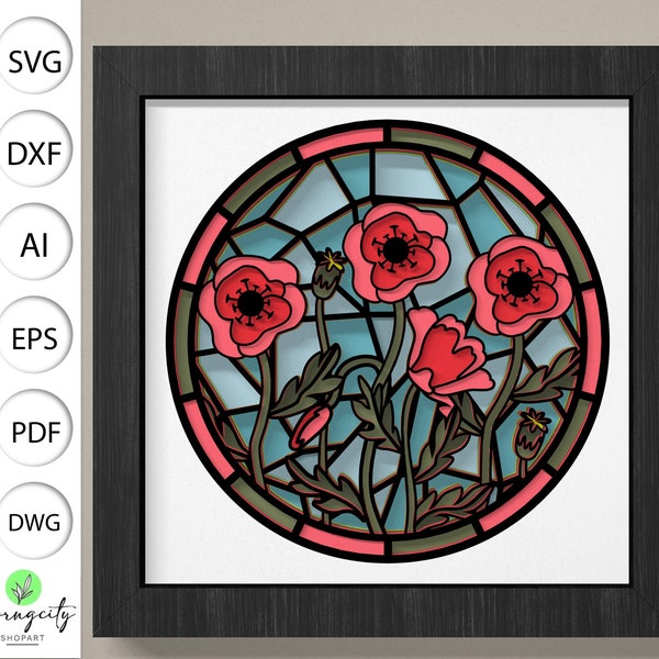 Stained Glass Poppy Flowers Shadow Box 3D Svg ,Poppy 3D Box Svg ,Poppy Light Box Svg ,Poppy Flowers 3D Svg,Layered Cardstock Art