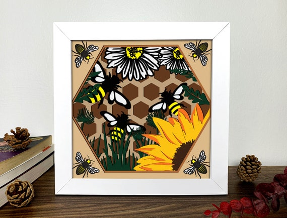 Bee Shadow Box 3D Svg ,Bee 3D Svg ,Sunflower 3D Box Svg ,Sunflower Png, Bee Light Box Svg ,Layered Cardstock Art, Shadow Box Template