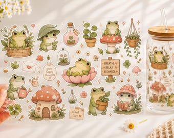 Pegatina UV DTF de rana adorable, calcomanía para envolver tazas con rana kawaii, pegatina para latas de vidrio con setas estilo cottagecore, transferencia para tazas Libbey, regalo para amantes de las ranas NRD-NTH09