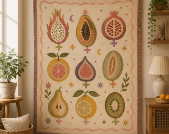 Feminist Fruit Woven Blanket, Colorful Fruit Throw Blanket, Boho Kitchen Wall Tapestry, Retro Home Decor BRD-XG142